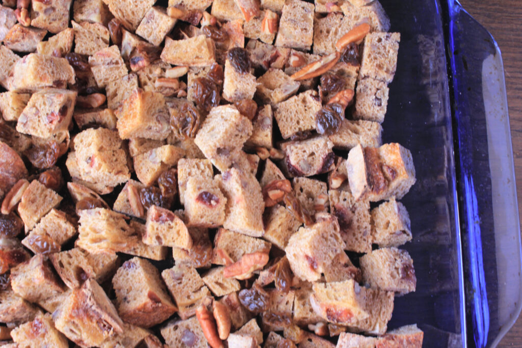 Sweet Potato Crunch bread cubes with pecans, cranberries and raisins