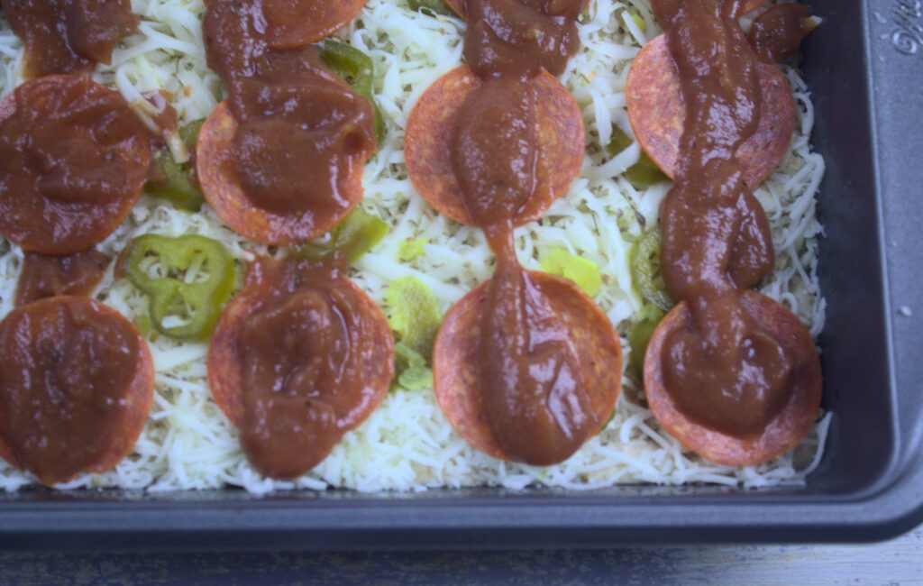 Detroit-Style Pizza topped with racing stripes