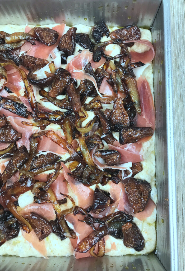 assembling the focaccia before baking