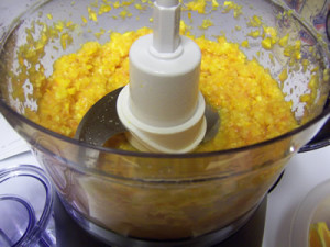 Chopping oranges and lemons in food processor