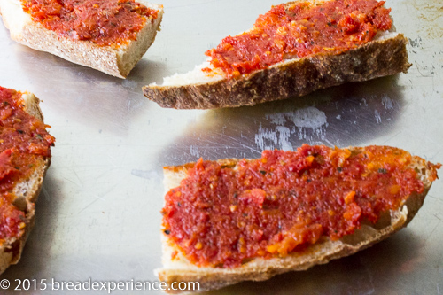 Poolish Baguettes toasted and spread with Sun Dried Tomato Pesto